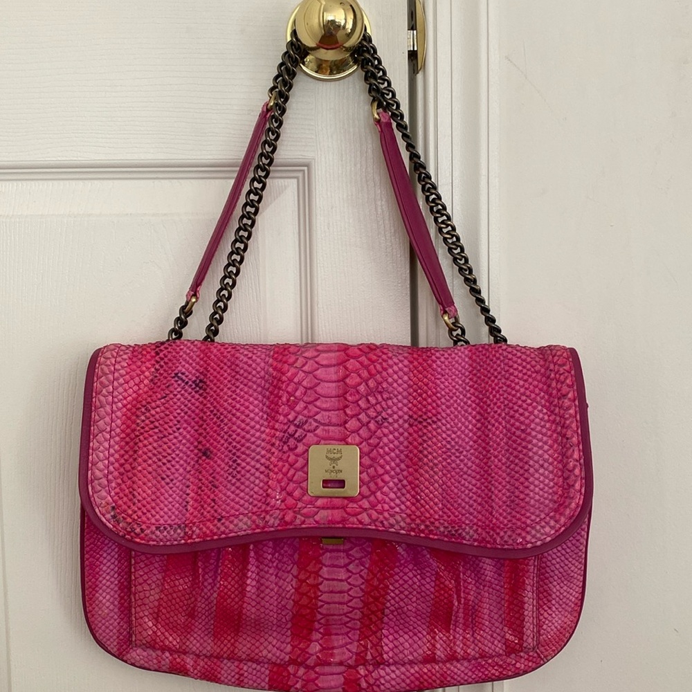 MCM Munchen pink snakeskin shoulder bag